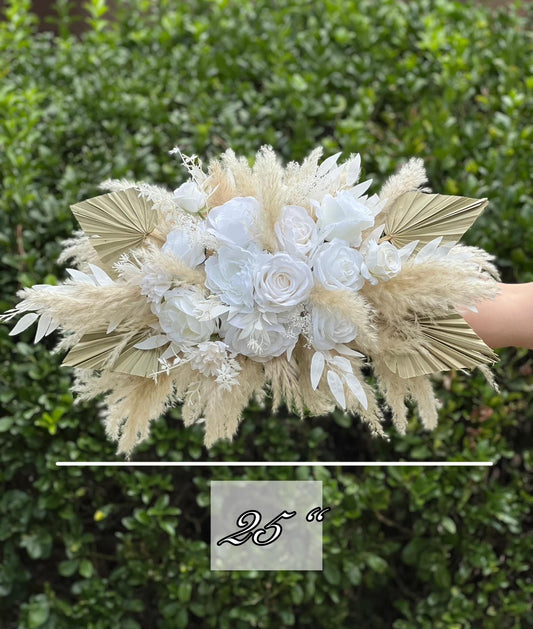 White Boho Arch Arrangements Pampas Grass Ivory Palm Leaves Arbor Arrangement Beige Ceremony Arch White Background Dried Pampas Grass