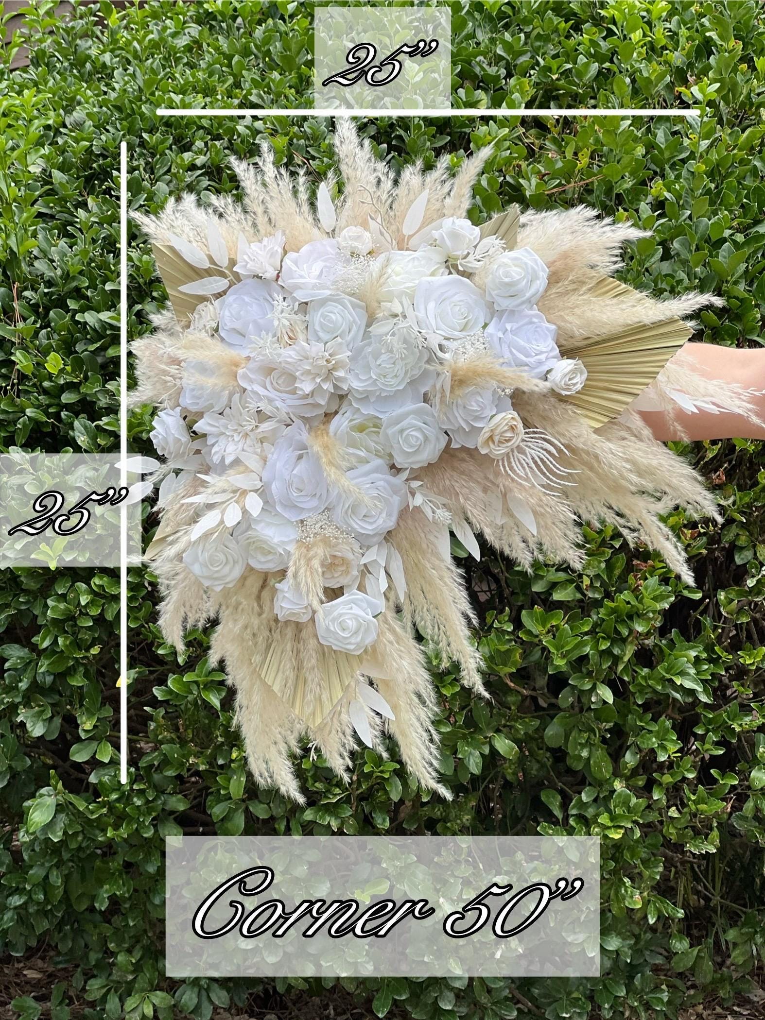 White Boho Arch Arrangements Pampas Grass Ivory Palm Leaves Arbor Arrangement Beige Ceremony Arch White Backdrop Flowers Dried Pampas Grass