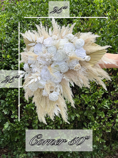 White Boho Arch Arrangements Pampas Grass Ivory Palm Leaves Arbor Arrangement Beige Ceremony Arch White Backdrop Flowers Dried Pampas Grass