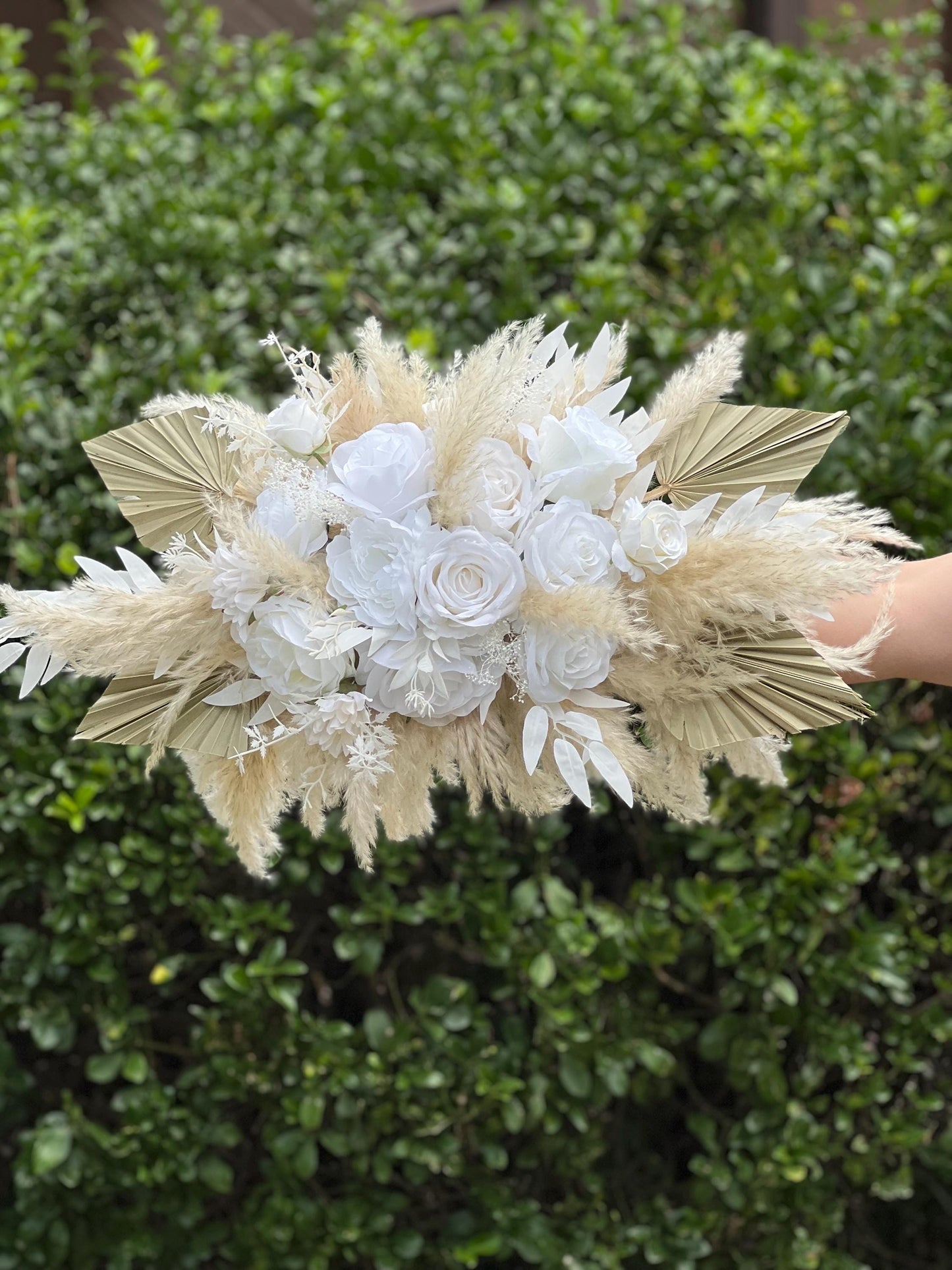 White Boho Arch Arrangements Pampas Grass Ivory Palm Leaves Arbor Arrangement Beige Ceremony Arch White Background Dried Pampas Grass