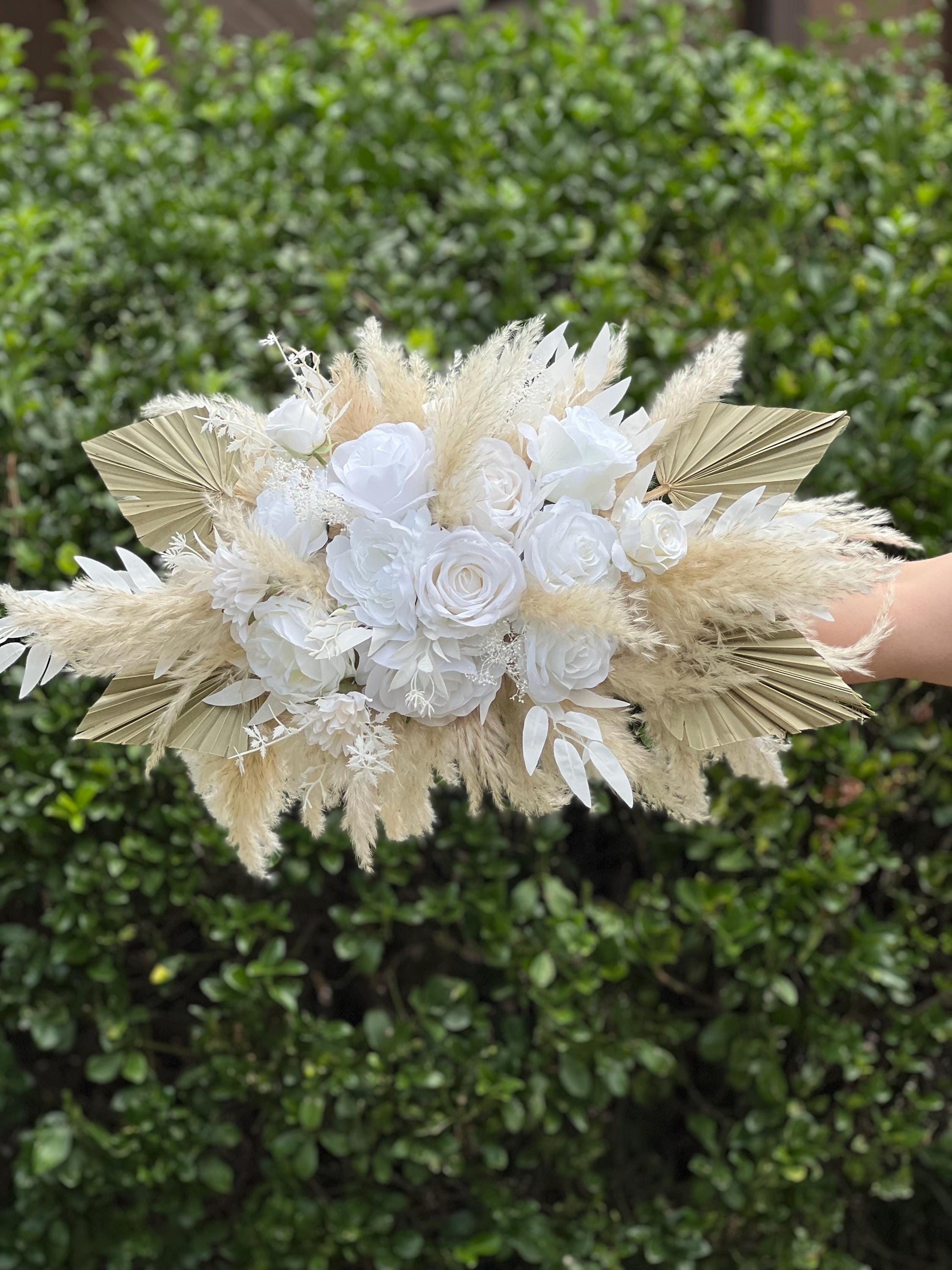 White Boho Arch Arrangements Pampas Grass Ivory Palm Leaves Arbor Arrangement Beige Ceremony Arch White Background Dried Pampas Grass