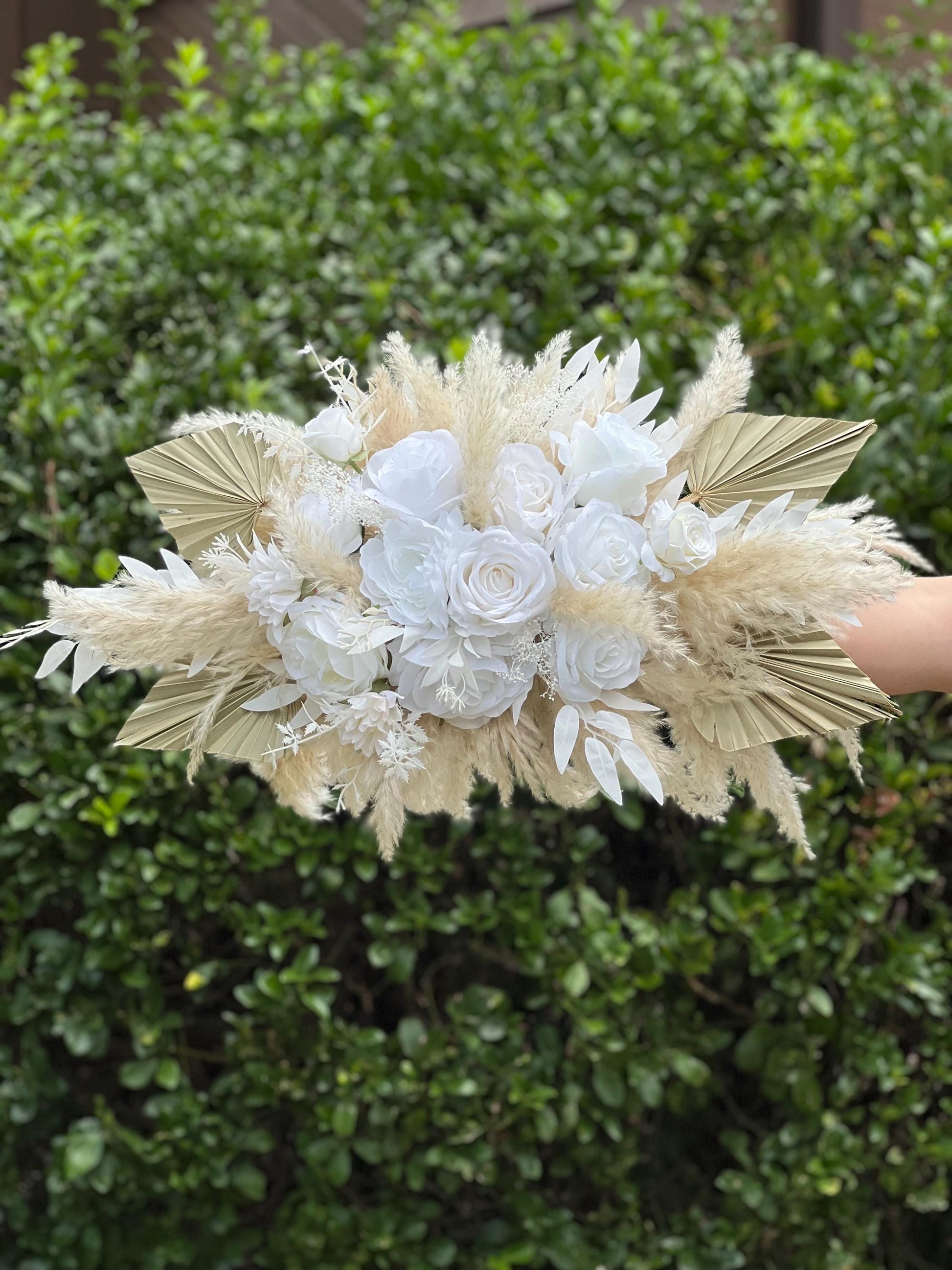 White Boho Arch Arrangements Pampas Grass Ivory Palm Leaves Arbor Arrangement Beige Ceremony Arch White Background Dried Pampas Grass