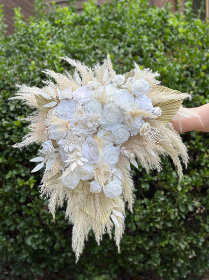 White Boho Arch Arrangements Pampas Grass Ivory Palm Leaves Arbor Arrangement Beige Ceremony Arch White Background Dried Pampas Grass