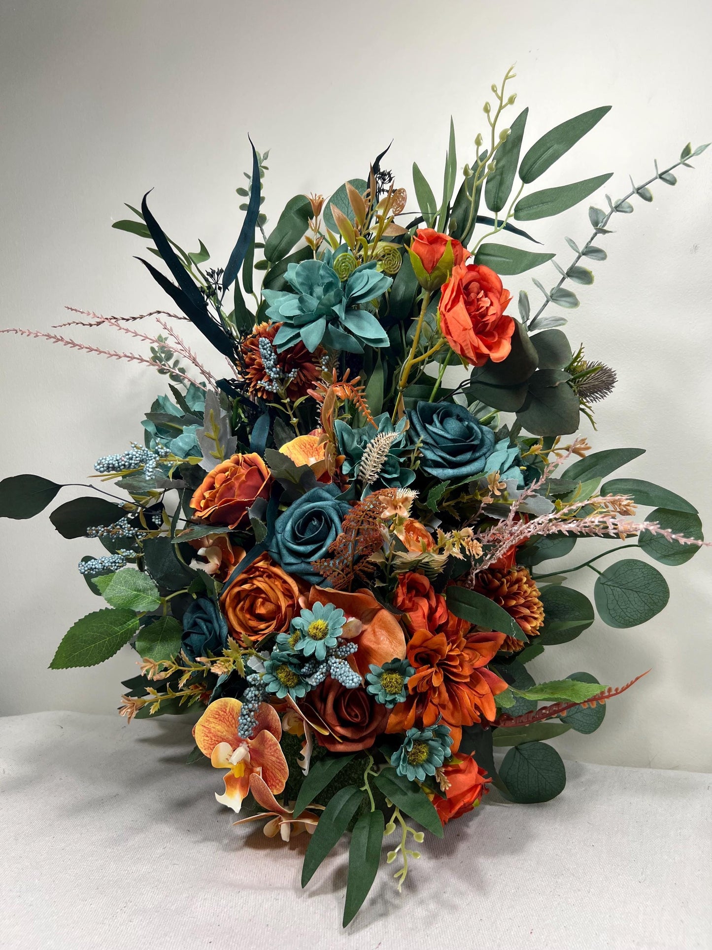 Wedding Aisle Marker Flower Floor Arrangement Whiskey Barrel Décor Teal Terracotta Blue Rust Ground Arch Rustic Burnt Orange Eucalyptus