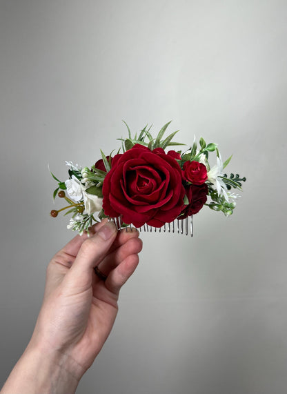 Red Hair Comb Wedding White Flower Girl Headpiece Dark Red Floral Hair Pin Ivory Accessories Decorative Hair Comb Artificial Flower Dark Red