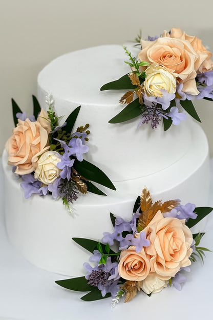 Peach Cake Flower Decor Wedding Lavender Peach Cake Arrangement Rustic Artificial Flowers Cake Topper Ivory Lilac Peach Silk Flowers Cake