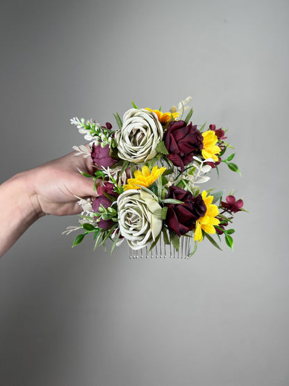 Sunflower Hair Comb Wedding Burgundy Sage Green Hair Accessories Comb Yellow Sunflowers Dusty Sage Green Hair Piece Comb Decorative Flowers