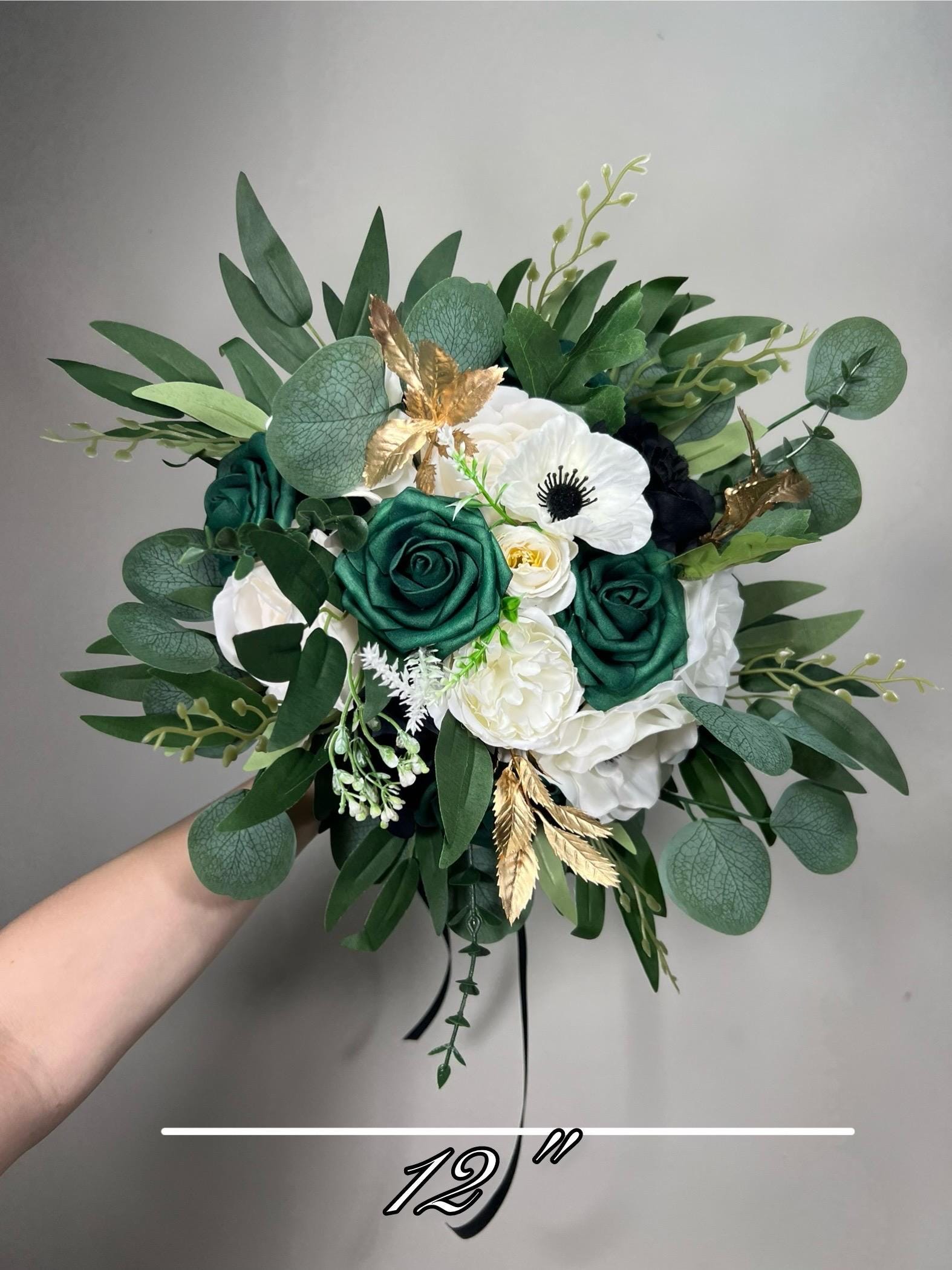 Emerald Green Bouquet Bridal Cascade White Black Bouquet Bridesmaids Emerald Green Forest Anemone Cascading Bouquet Gold Artificial Flower