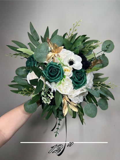 Emerald Green Bouquet Bridal Cascade White Black Bouquet Bridesmaids Emerald Green Forest Anemone Cascading Bouquet Gold Artificial Flower