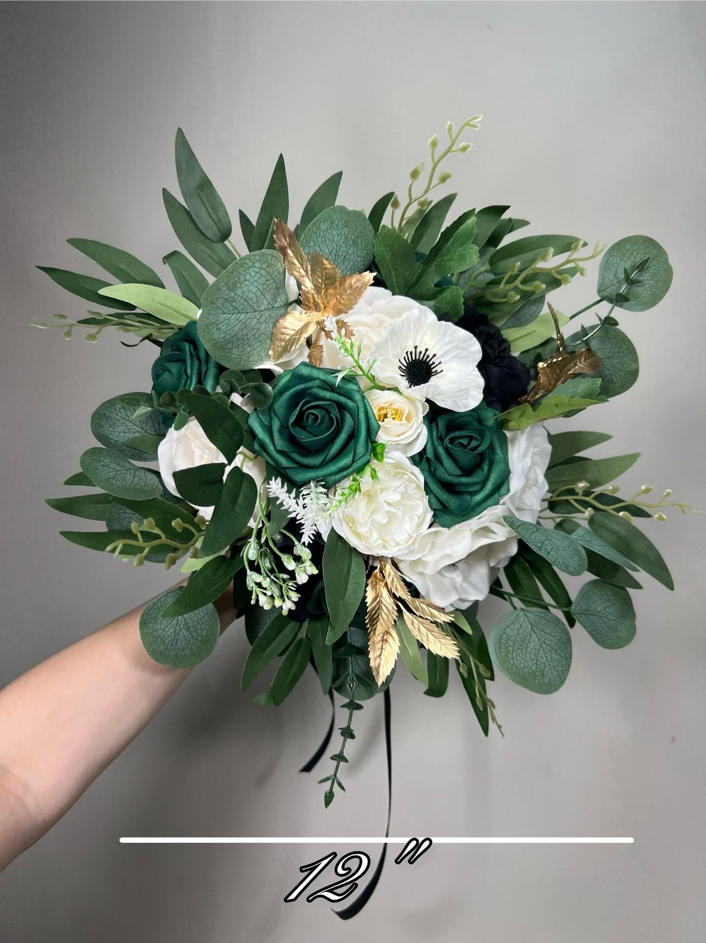 Emerald Green Bouquet Bridal White Black Bouquet Bridesmaids Emerald Green Forest Anemone Bouquet Gold Black Eucalyptus Artificial Flower