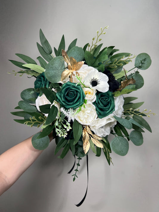 Emerald Green Bouquet Bridal White Black Bouquet Bridesmaids Emerald Green Forest Anemone Bouquet Gold Black Eucalyptus Artificial Flower
