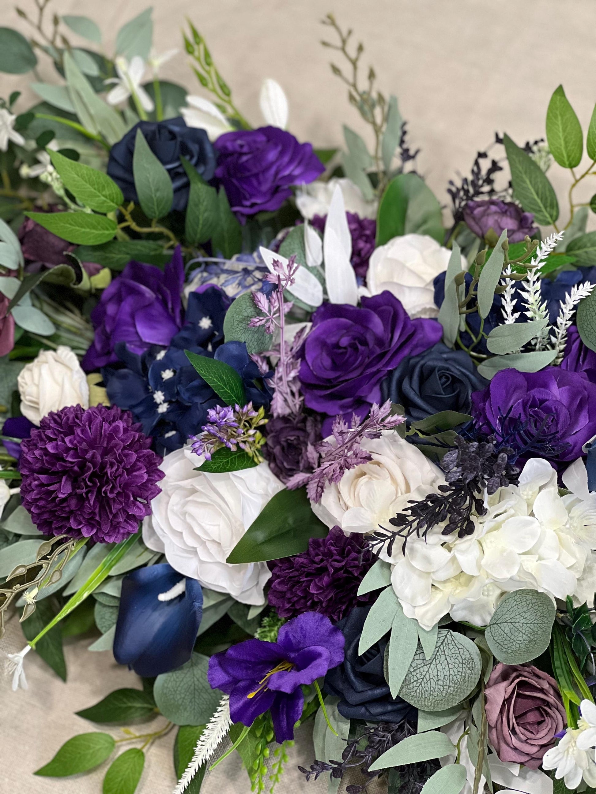Purple White Navy Blue Arch Arrangement Wedding Deep Purple Royal Navy Blue Arbor Arrangement Ivory Eucalyptus Dark Blue Plum Artificial