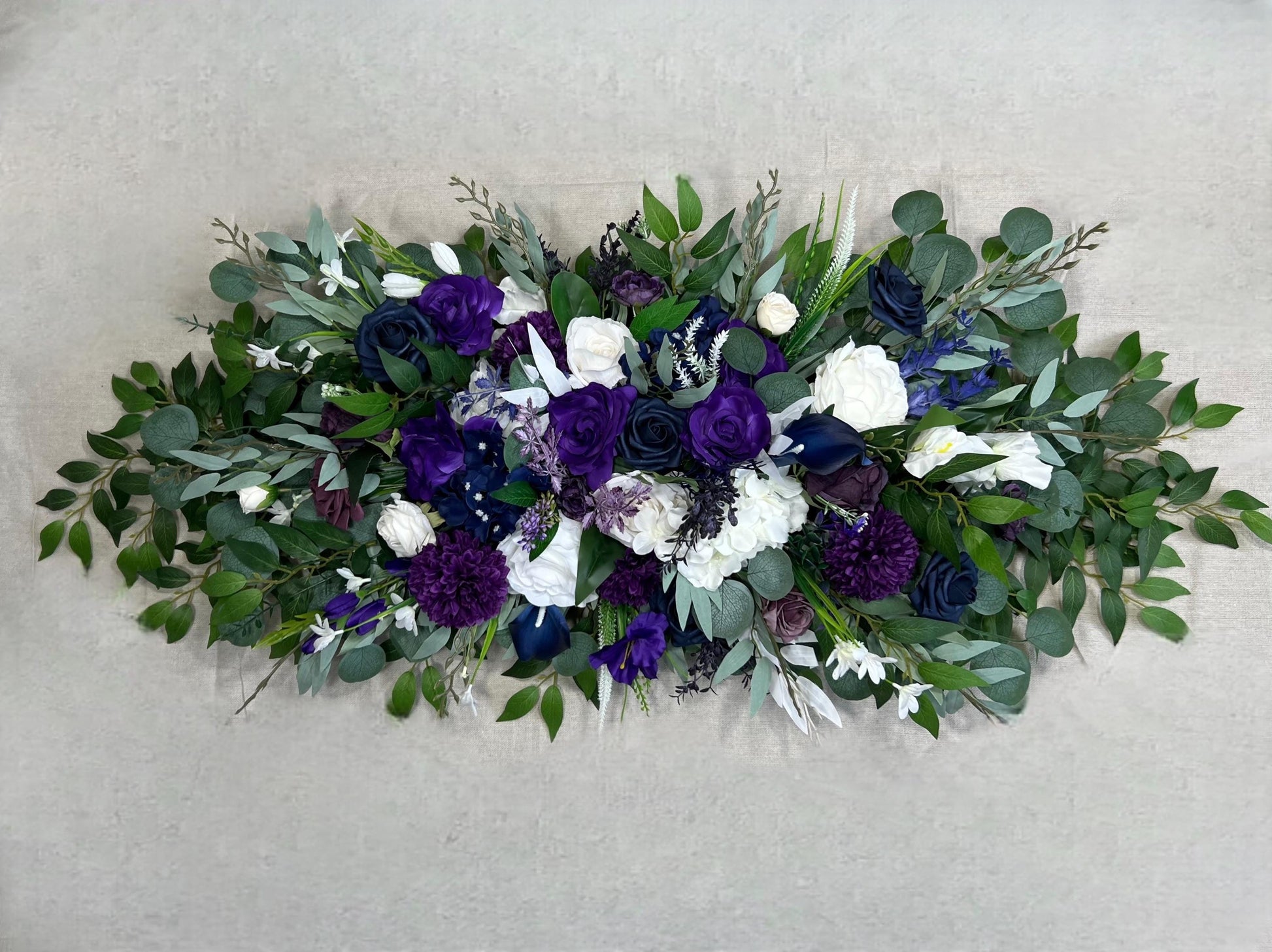Purple White Navy Blue Arch Arrangement Wedding Deep Purple Royal Navy Blue Arbor Arrangement Ivory Eucalyptus Dark Blue Plum Artificial
