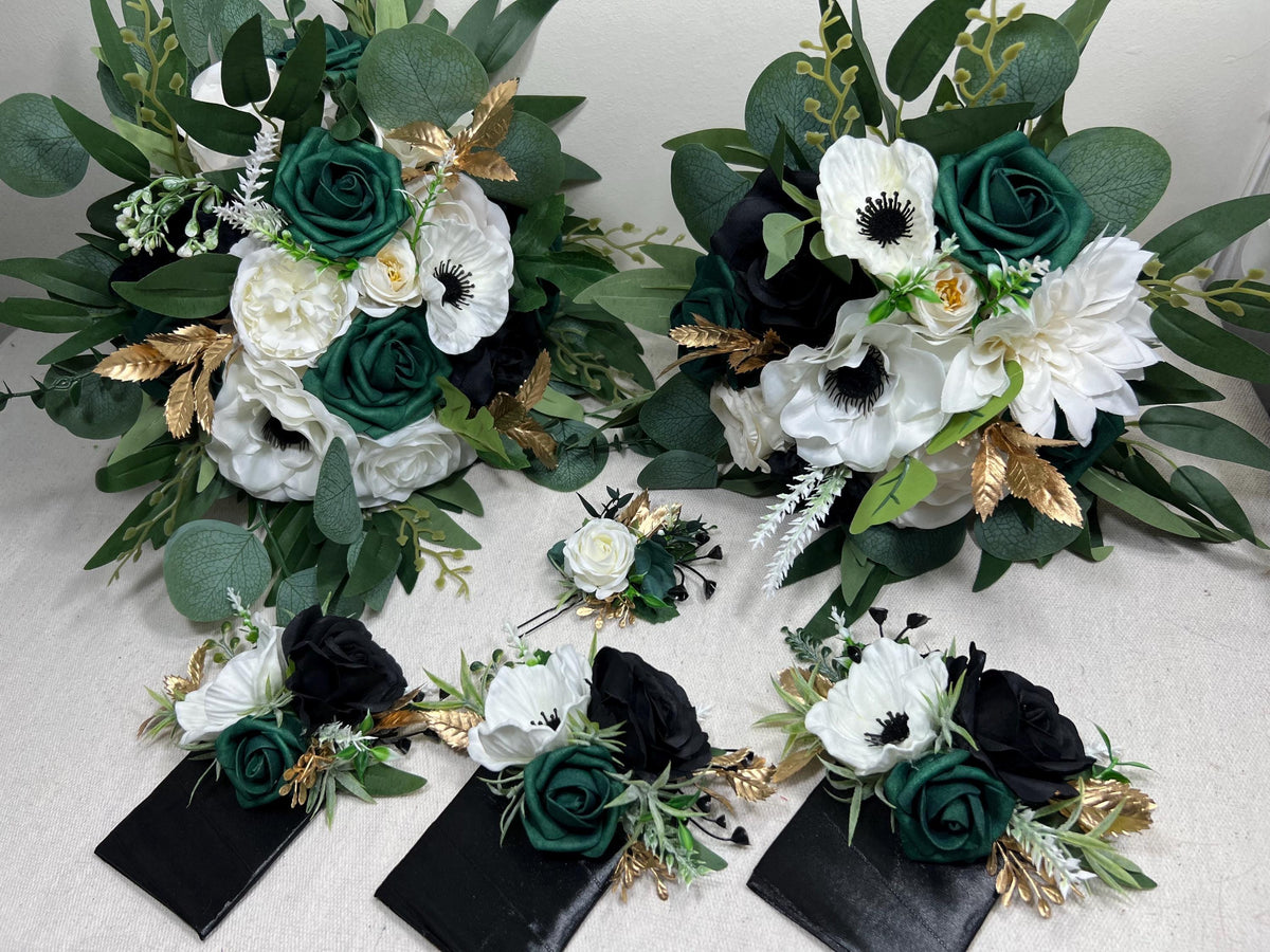 Emerald Green Black White Flower Crown, Wedding Dark Green Gold Hair Accessories, Bridal Hair Wreath Floral, Emerald Green Ivory Hair Crown