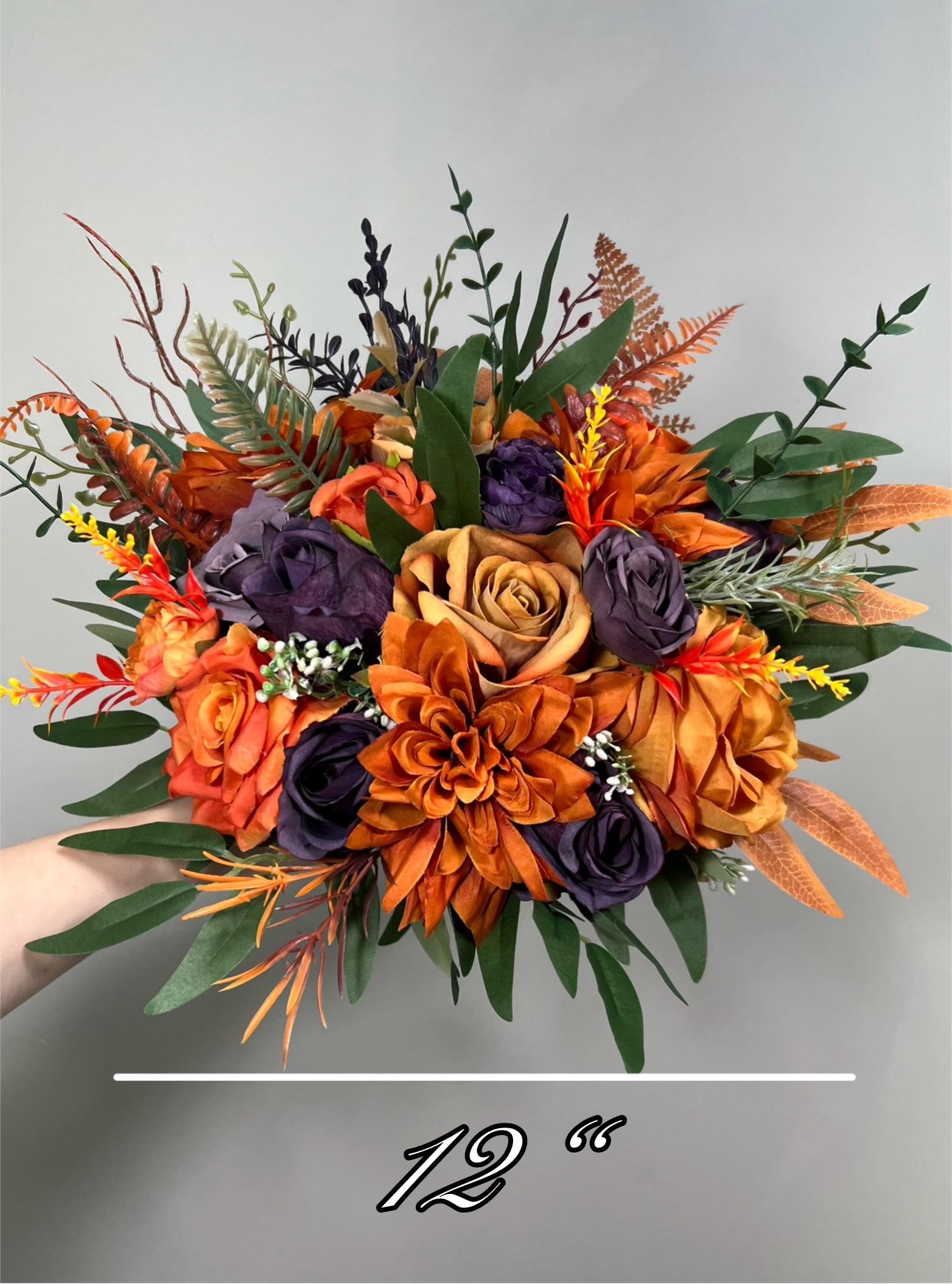 Burnt Orange Purple Bouquet Wedding Fall Plum Bridal Bouquet Terracotta Deep Purple Bouquet Bridesmaids Rust Sunset Artificial Flowers
