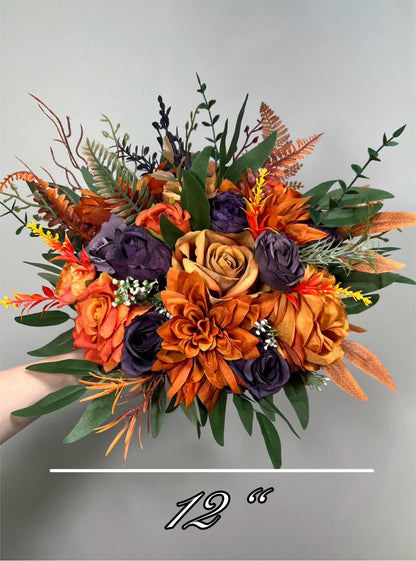 Burnt Orange Purple Bouquet Wedding Fall Plum Bridal Bouquet Terracotta Deep Purple Bouquet Bridesmaids Rust Sunset Artificial Flowers