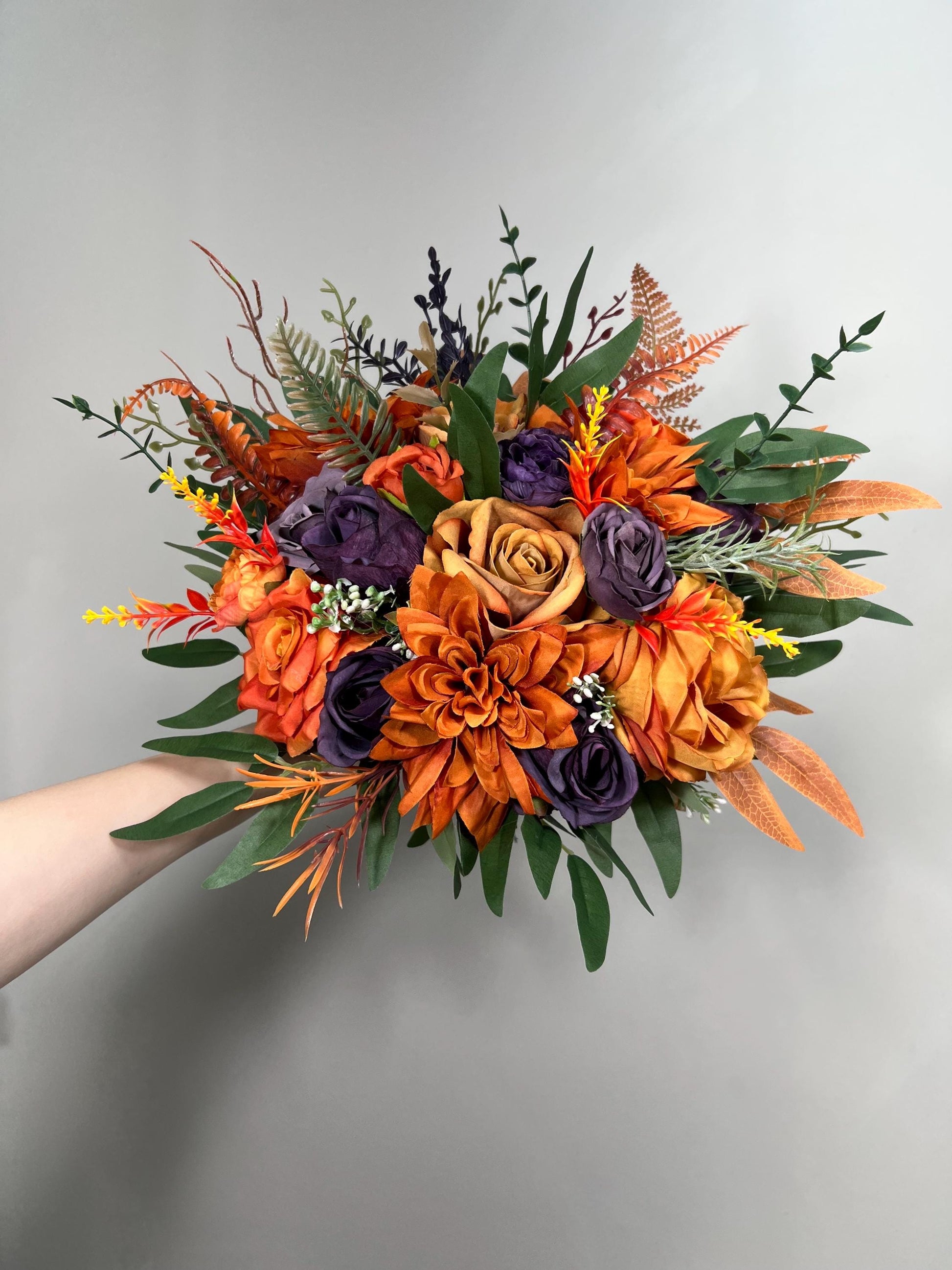 Burnt Orange Purple Bouquet Wedding Fall Plum Bridal Bouquet Terracotta Deep Purple Bouquet Bridesmaids Rust Sunset Artificial Flowers