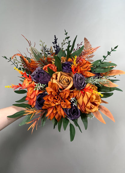 Burnt Orange Purple Bouquet Wedding Fall Plum Bridal Bouquet Terracotta Deep Purple Bouquet Bridesmaids Rust Sunset Artificial Flowers