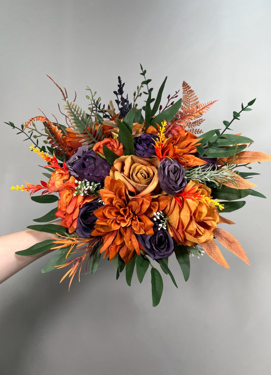 Burnt Orange Purple Bouquet Wedding Fall Plum Bridal Bouquet Terracotta Deep Purple Bouquet Bridesmaids Rust Sunset Artificial Flowers
