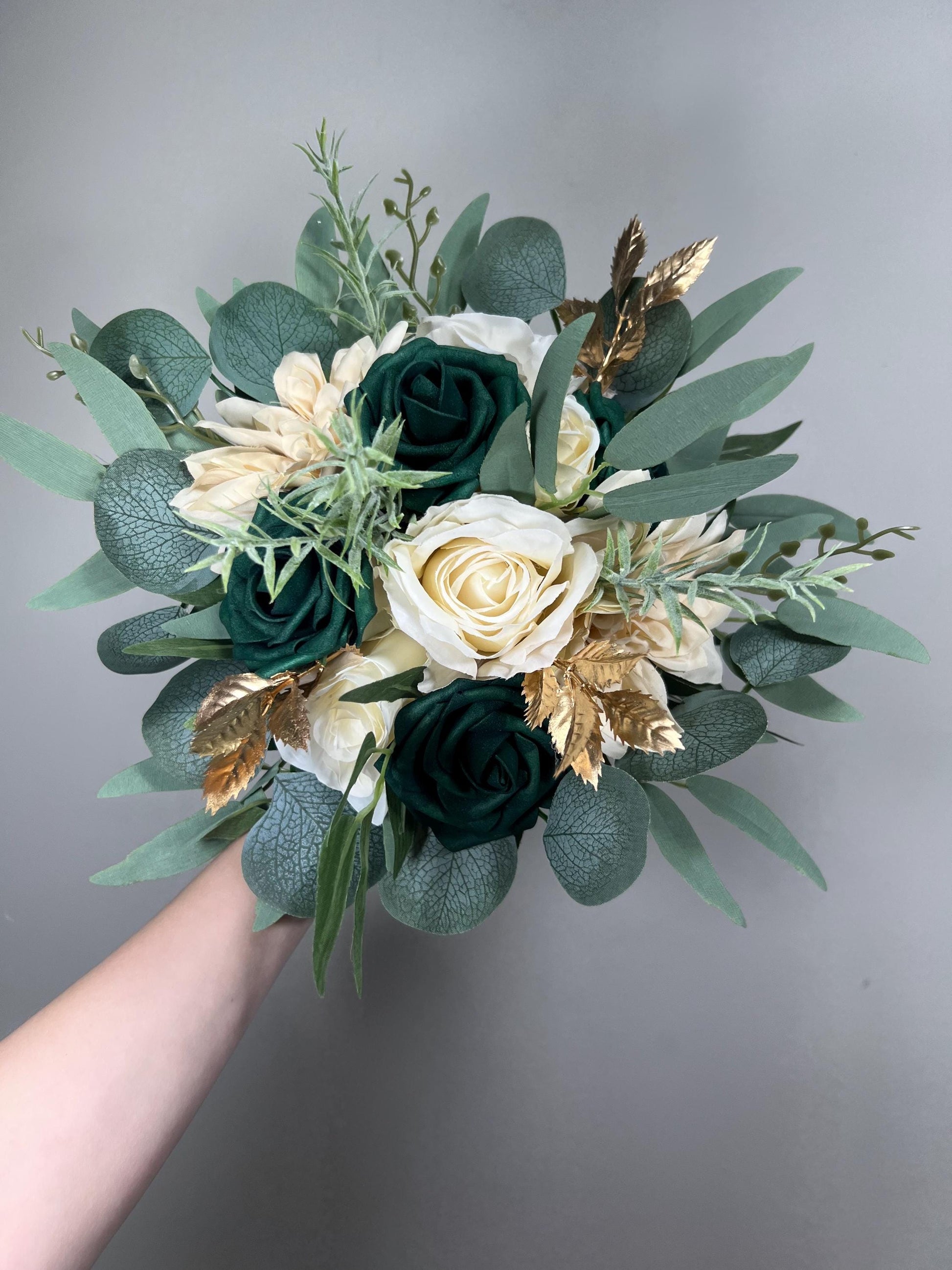 Emerald Green Champagne Bouquet Bridal Ivory Hunter Green Bridesmaids Bouquet Emerald Green Forest Cream Cascading Bouquet Gold Artificial