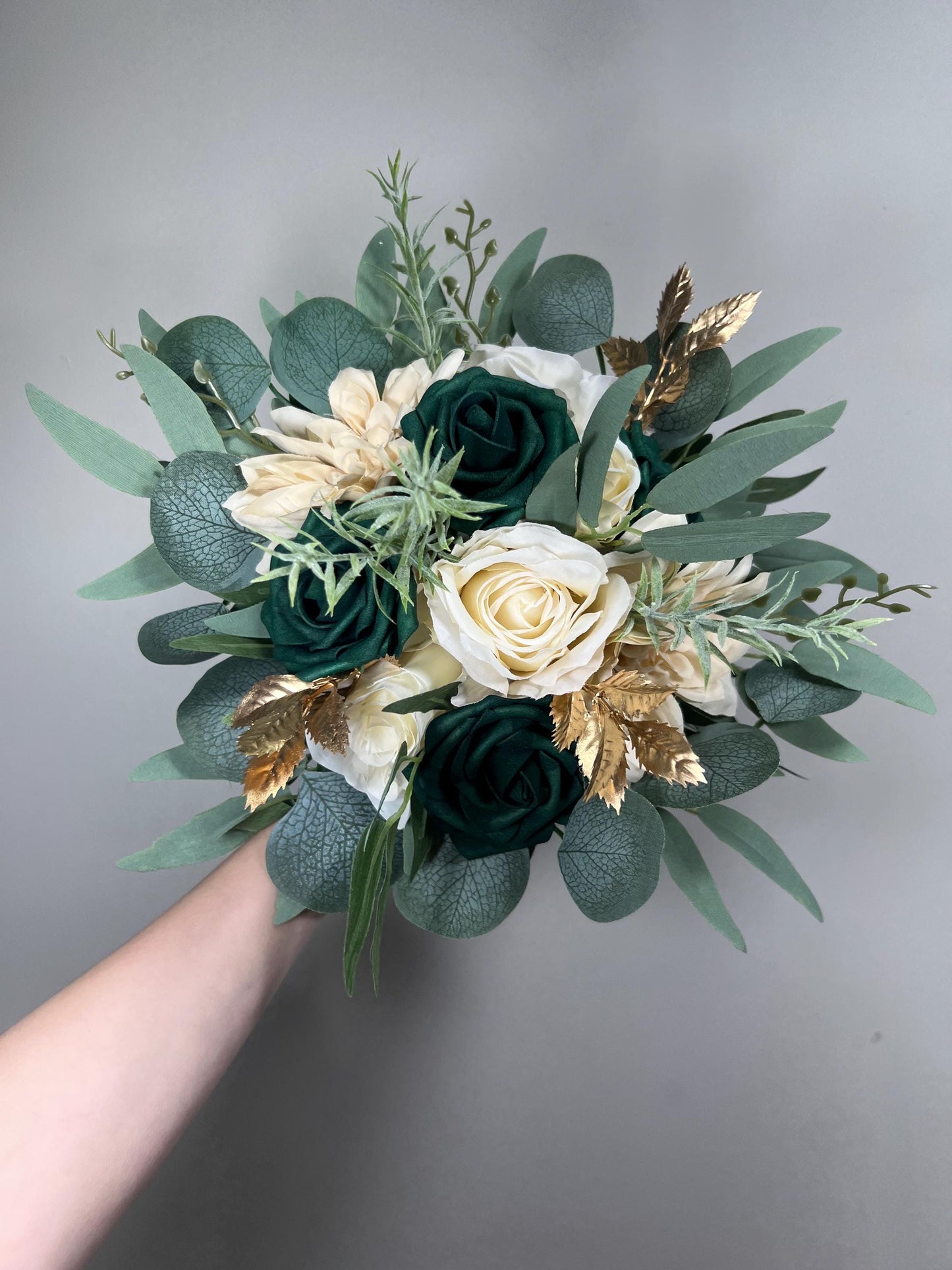 Emerald Green Champagne Bouquet Bridal Ivory Hunter Green Bridesmaids Bouquet Emerald Green Forest Cream Cascading Bouquet Gold Artificial