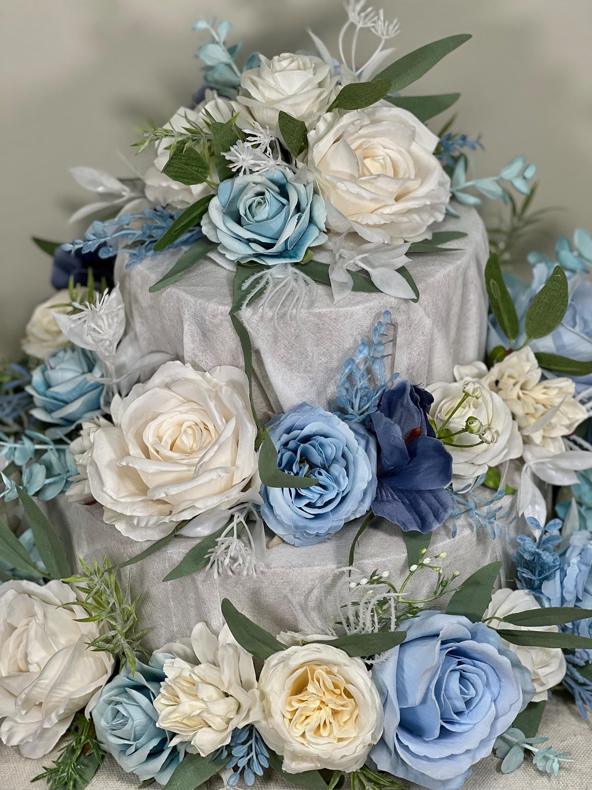 Blue Cake Decor Wedding White Cake Flowers Artificial Dusty Blue Ivory Cake Topper Sky Blue Flowers Eucalyptus White Cake Decor Silk Flowers