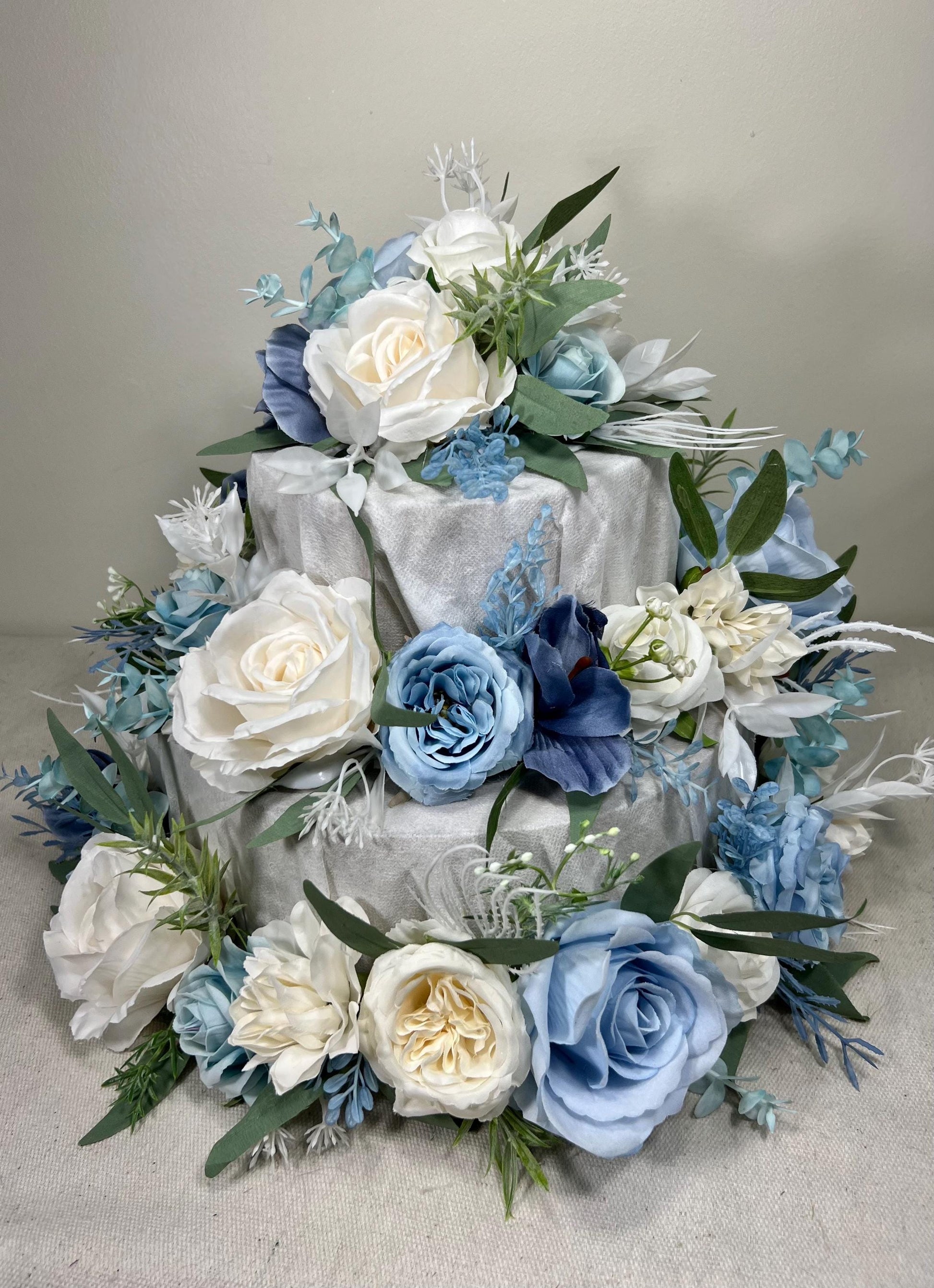 Blue Cake Decor Wedding White Cake Flowers Artificial Dusty Blue Ivory Cake Topper Sky Blue Flowers Eucalyptus White Cake Decor Silk Flowers