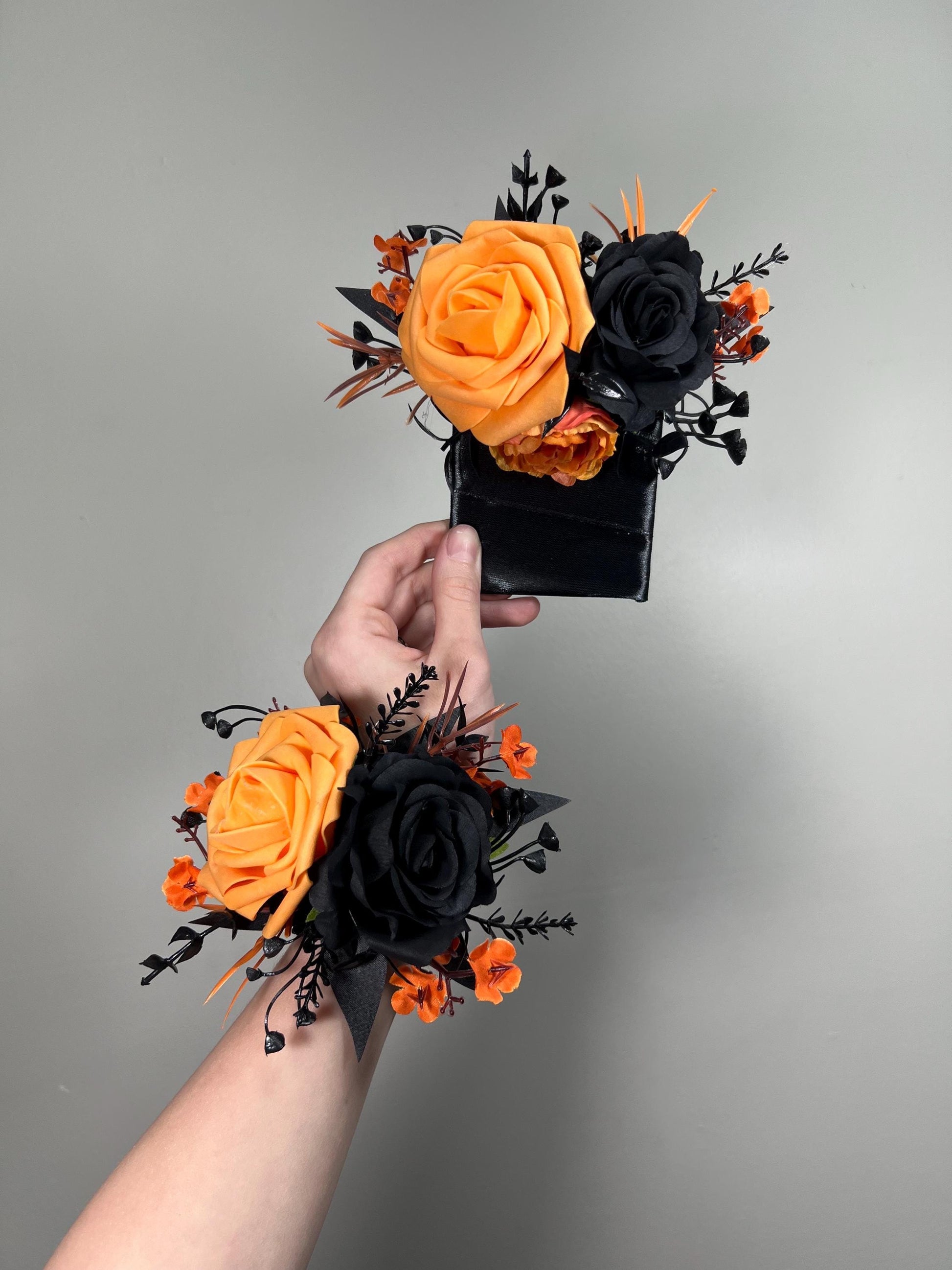 Black and Orange Corsage Wedding Pumpkin Square Boutonniere Pocket Groom Burnt Orange Artificial Flowers