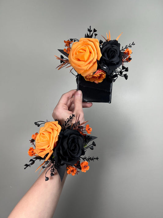 Black Orange Pocket Boutonniere Wedding Black Pumpkin Orange Square Boutonniere Groom Burnt Orange Black Pocket Boutonnière Artificial