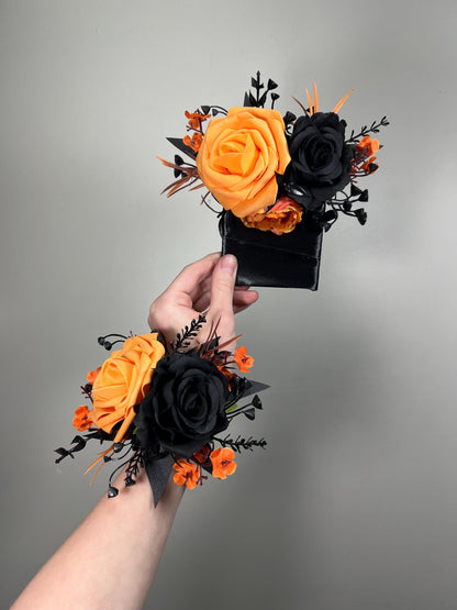 Black Orange Pocket Boutonniere Wedding Black Pumpkin Orange Square Boutonniere Groom Burnt Orange Black Pocket Boutonnière Artificial