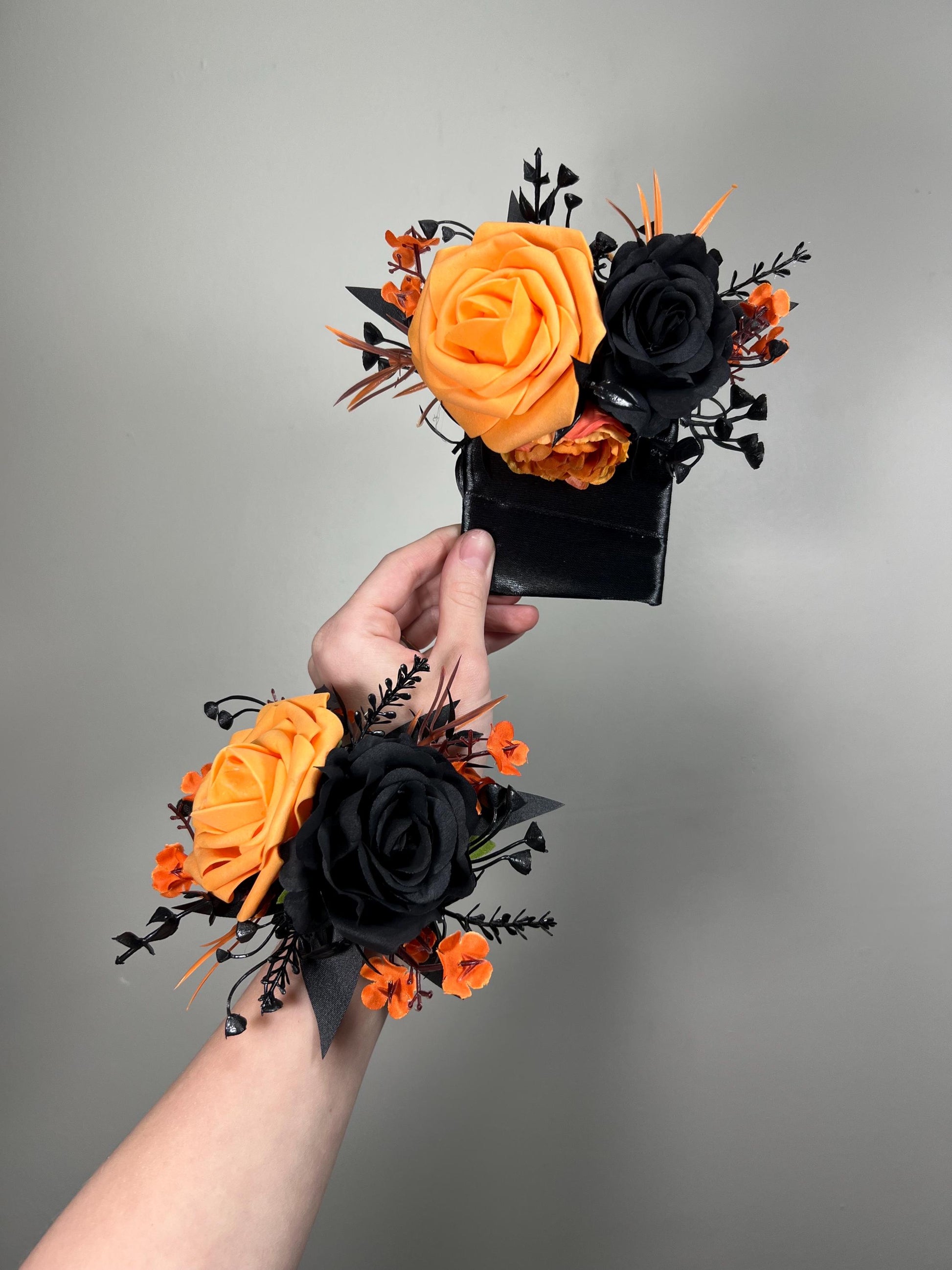 Black and Orange Corsage Wedding Pumpkin Square Boutonniere Pocket Groom Burnt Orange Artificial Flowers