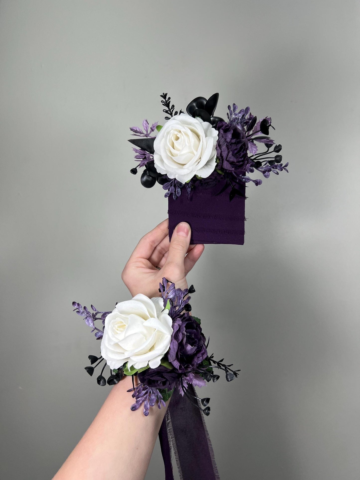 White Plum Pocket Boutonniere Wedding Groom Boutonnière White Dark Purple Square Groomsmen Pocket Boutonniere Black Plum Gothic Boutonniere