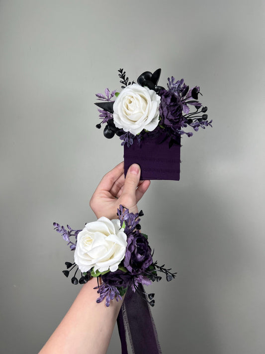 White Plum Pocket Boutonniere Wedding Groom Boutonnière White Dark Purple Square Groomsmen Pocket Boutonniere Black Plum Gothic Boutonniere