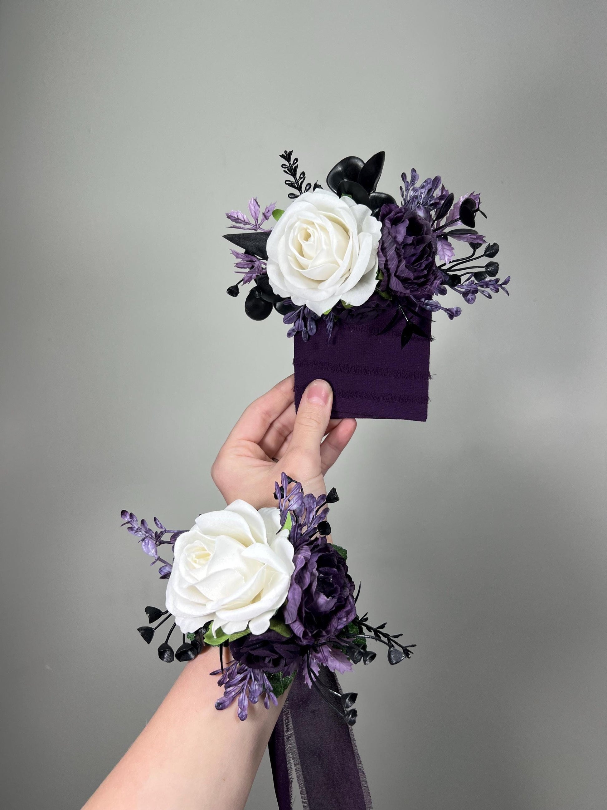 White Plum Pocket Boutonniere Wedding Groom Boutonnière White Dark Purple Square Groomsmen Pocket Boutonniere Black Plum Gothic Boutonniere