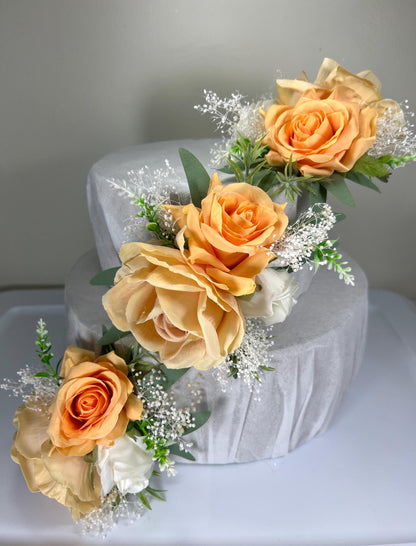 Orange Cake Decor White Wedding Cake Flower Arrificial Peach Cake Arrangement Ivory Apricot Decor Cake Flower Silk Champagne Baby Breath