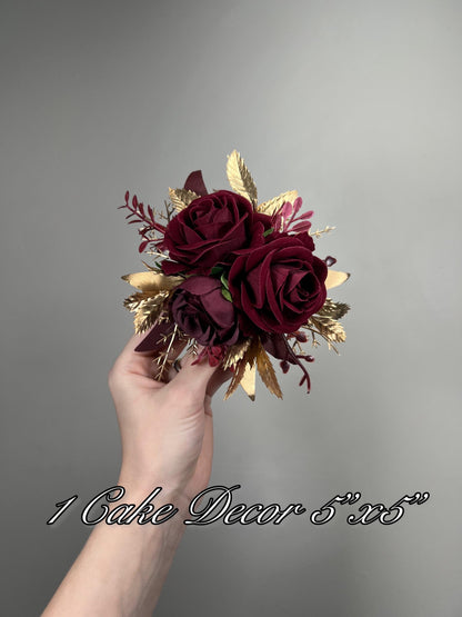 Burgundy Gold Cake Flowers, Wedding Dark Red Roses Cake Topper, Maroon Cake Arrangements Artificial Flowers