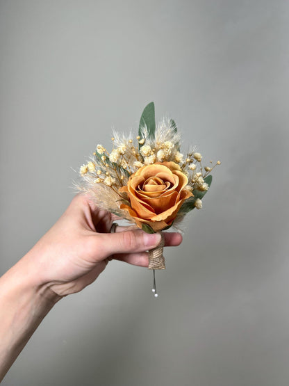 Burnt Orange Boutonnière Wedding Terracotta Boho Boutonniere Groom Baby Breath Eucalyptus Boutonnière Pampas Grass Dried Flowers