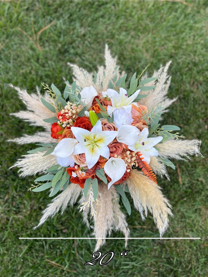 Terracotta Bouquet Wedding Lily Bridal Bouquet Boho Rust White Calla Lily Bouquet Burnt Orange Bridesmaids Pampas Grass Eucalyptus Bouquet