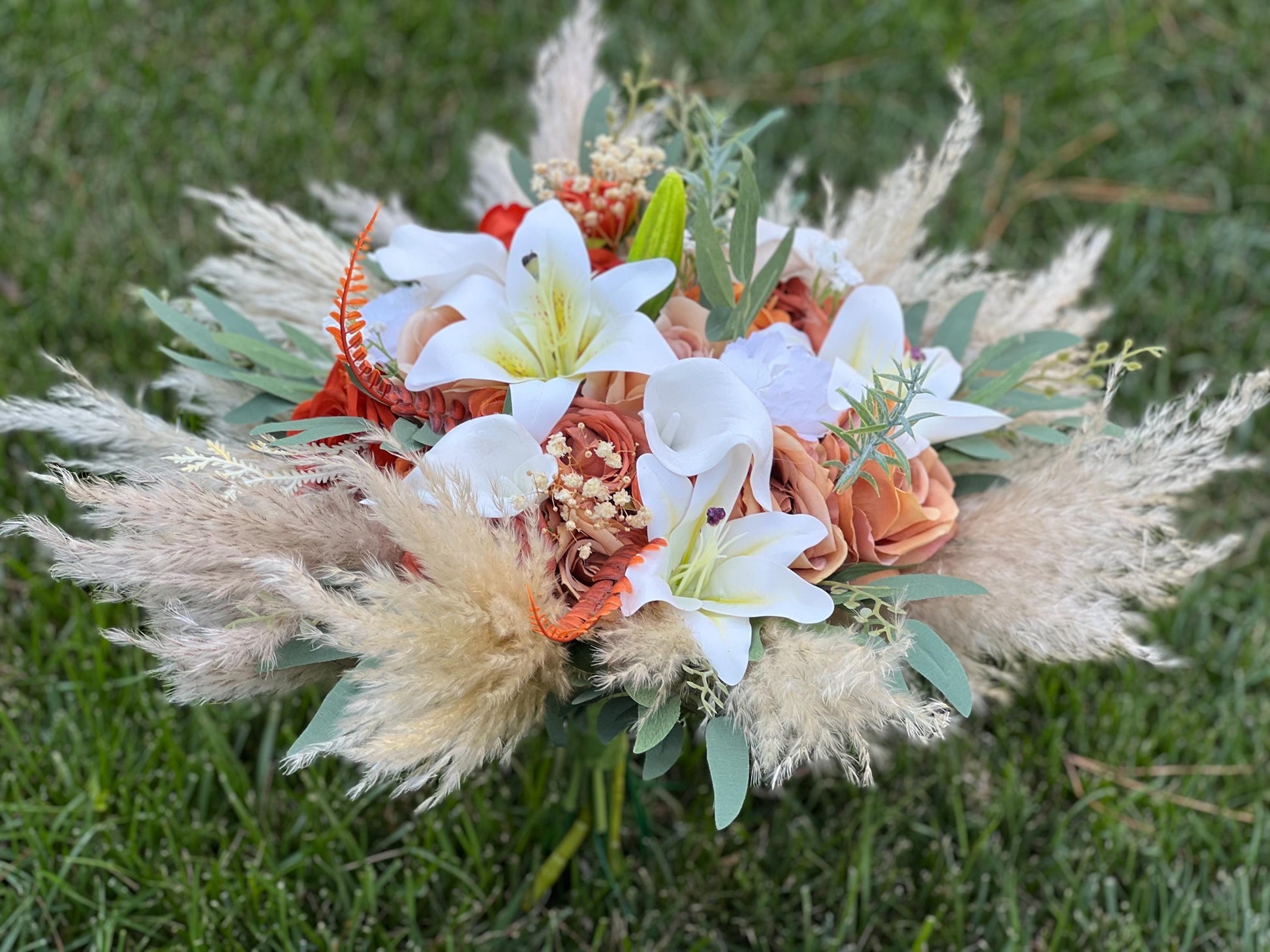 Lilies Terracotta Bridal Bouquet Tiger Easter Lily Calla Boho Rust White Burnt Orange Bridesmaids Pampas Grass Eucalyptus