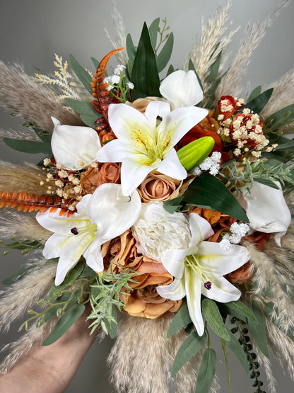 Terracotta Bouquet Wedding Lily Bridal Bouquet Boho Rust White Calla Lily Bouquet Burnt Orange Bridesmaids Pampas Grass Eucalyptus Bouquet
