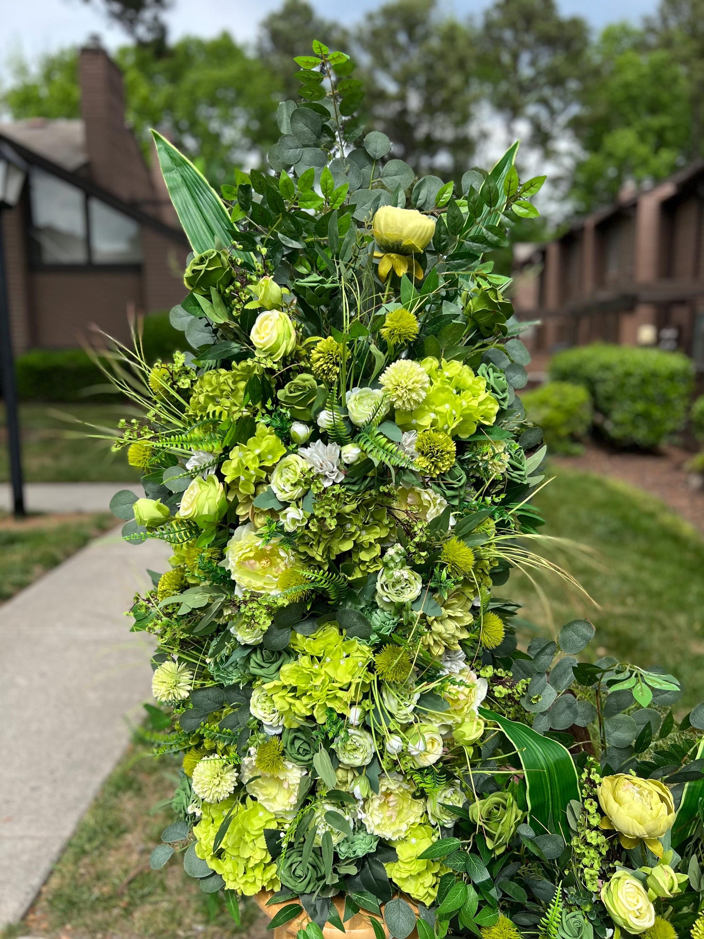 Wedding Aisle Marker Flower Floor Arrangement Barrel Décor Grass Green Flowers Greenery Ground Arch Eucalyptus