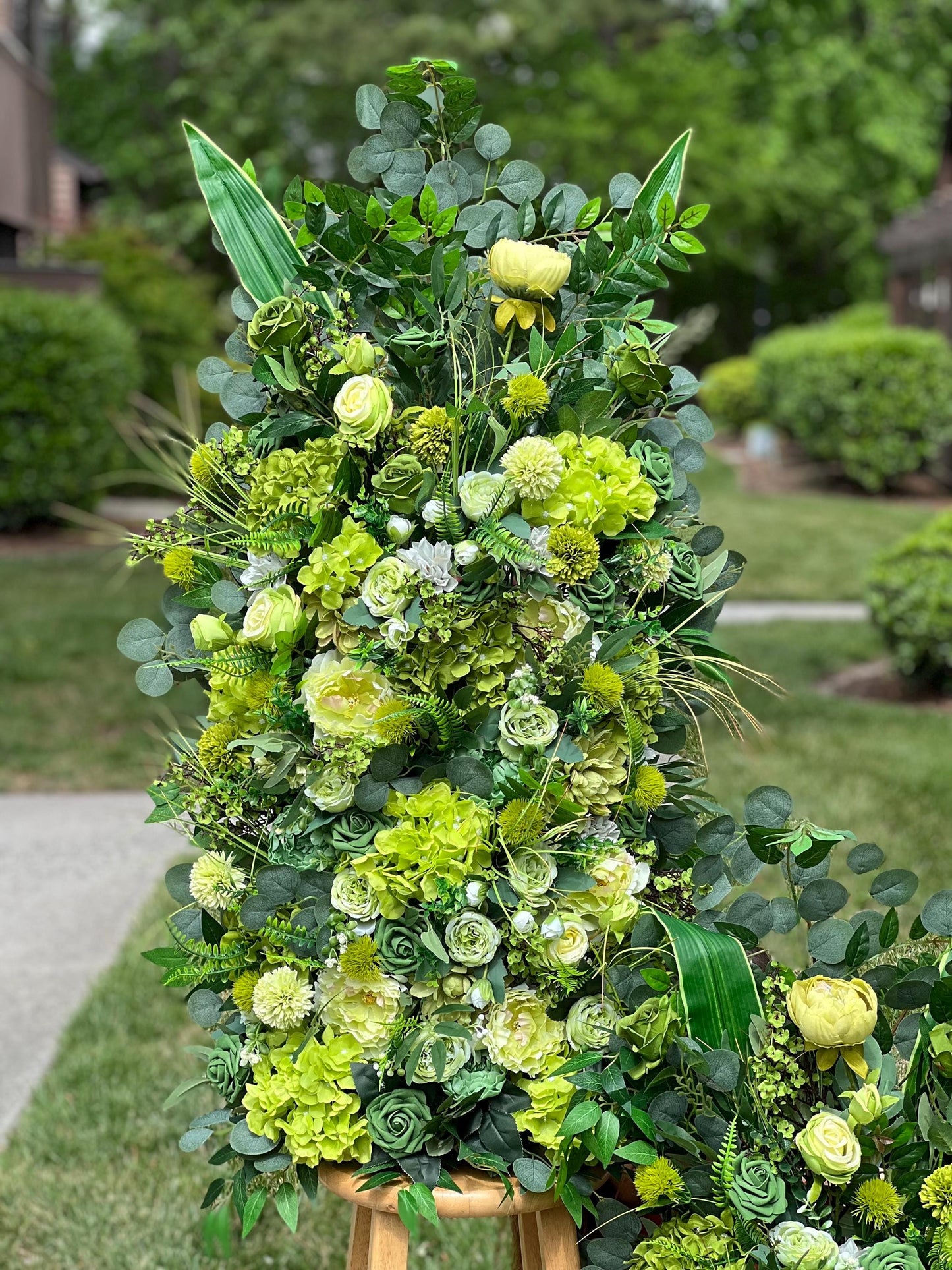 Wedding Aisle Marker Flower Floor Arrangement Barrel Décor Grass Green Flowers Greenery Ground Arch Eucalyptus