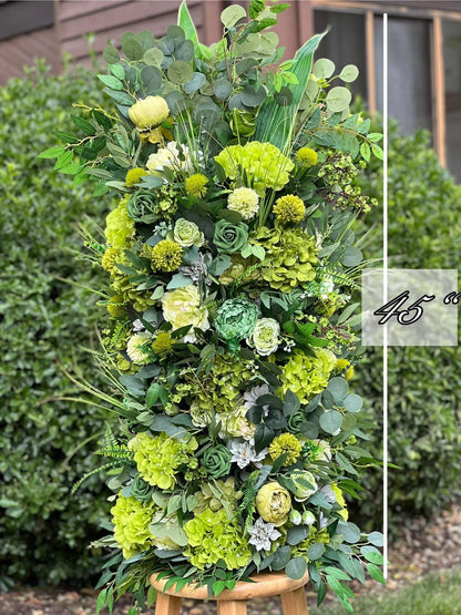 Wedding Aisle Marker Flower Floor Arrangement Barrel Décor Grass Green Flowers Greenery Ground Arch Eucalyptus