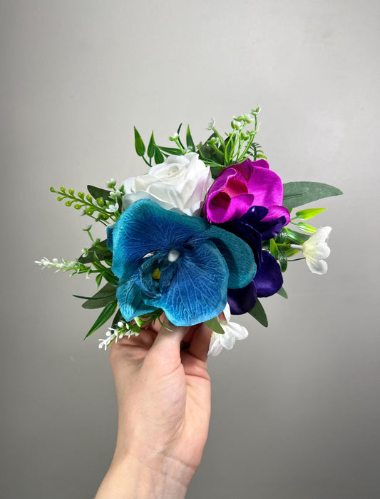 Teal Purple Cake Decor Flower Artificial Wedding Orchid Turquoise Cake Arrangement Jewel Tones Cake Topper Flower Magenta Teal White Silk