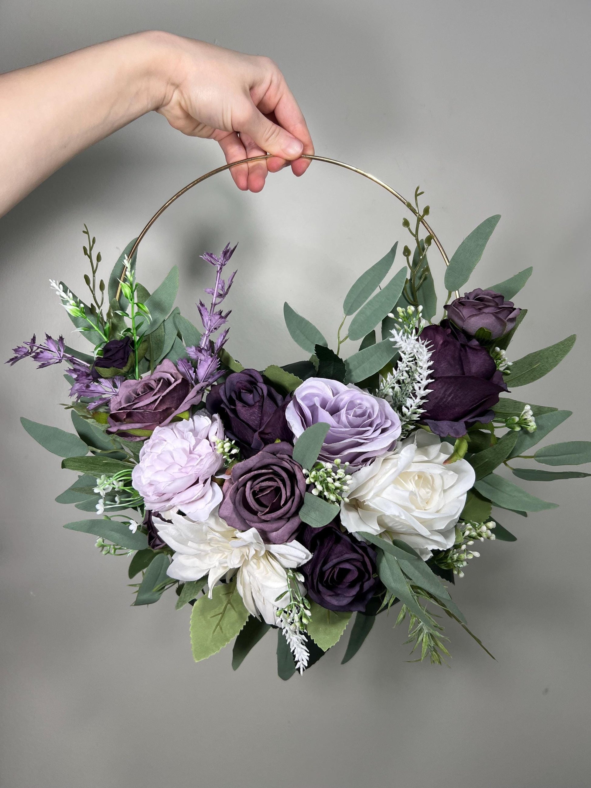 Lavender Hoop Wedding Flower Girl Plum White Hoop Flower Alternative Bouquet Dark Purple Ivory Bridesmaids Hoop Eucalyptus Artificial Flower
