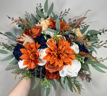 Navy Blue Terracotta Bouquet White Rust Dark Blue Bouquet Bridal Burnt Orange Navy Blue Ivory Bouquet Bridesmaids Sage Green Artiticial