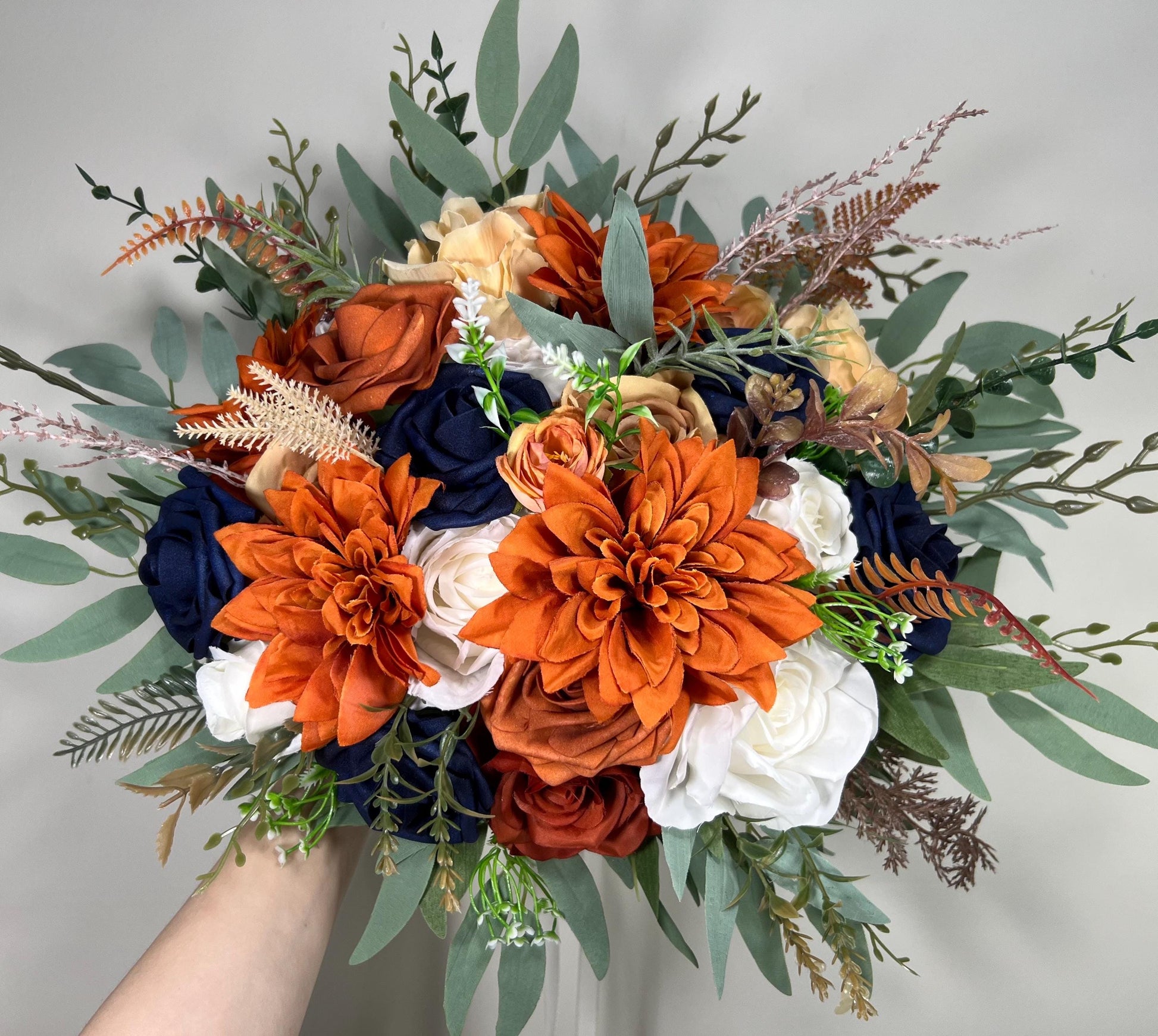 Navy Blue Terracotta Bouquet White Rust Dark Blue Bouquet Bridal Burnt Orange Navy Blue Ivory Bouquet Bridesmaids Sage Green Artiticial