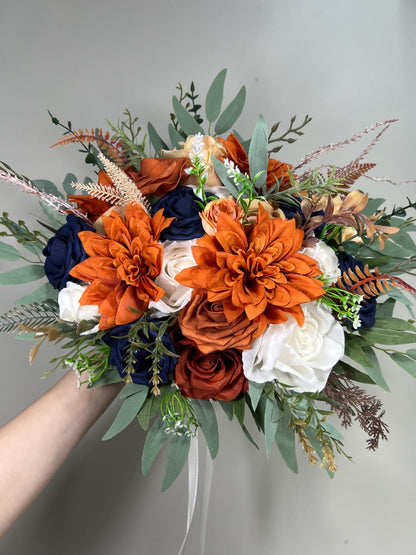 Navy Blue Orange Bouquet Cascade White Rust Blue Bouquet Bridal Cascading Terracotta Navy Blue Ivory Bouquet Bridesmaids Burnt Orange