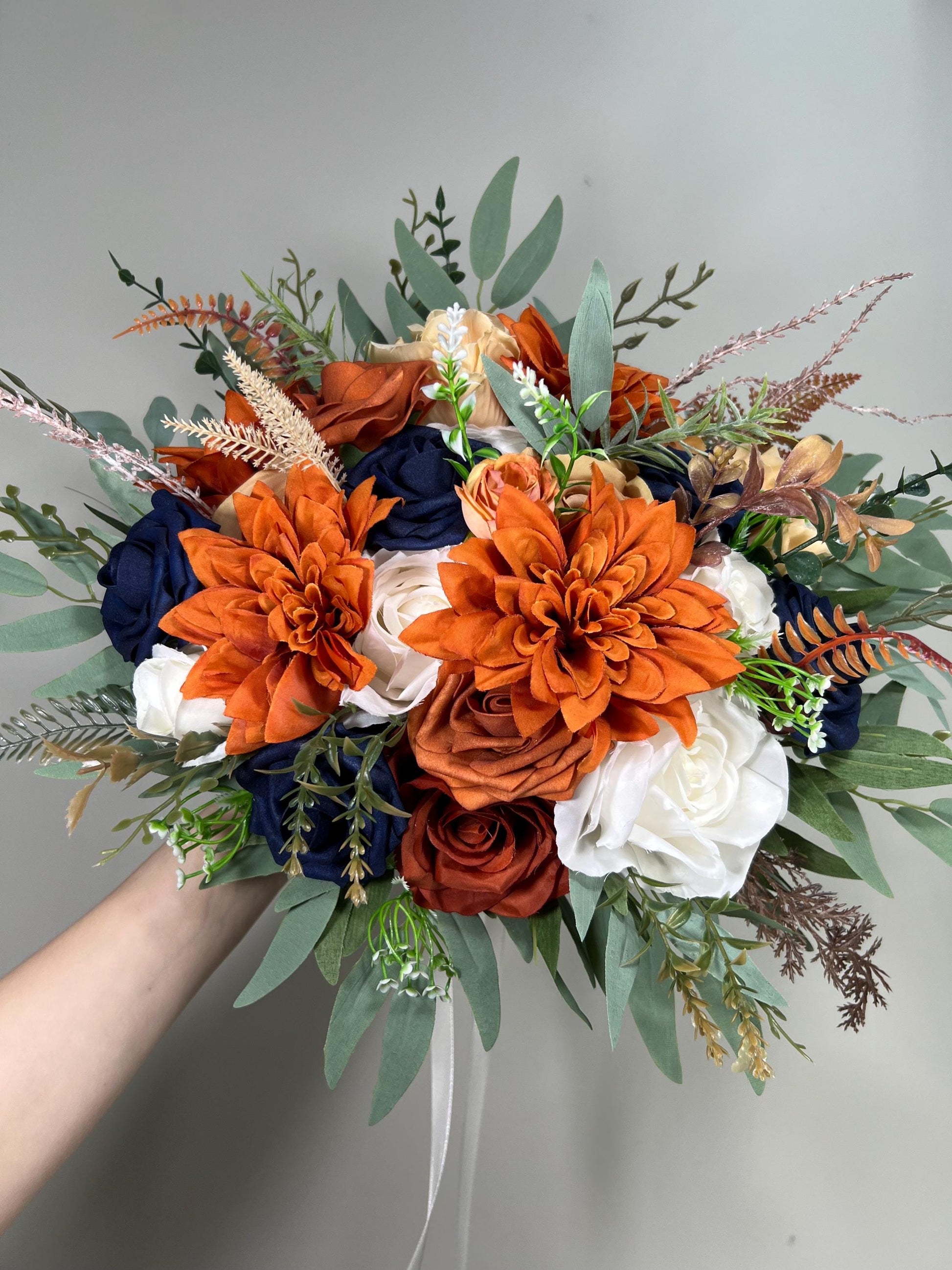 Navy Blue Terracotta Bouquet White Rust Dark Blue Bouquet Bridal Burnt Orange Navy Blue Ivory Bouquet Bridesmaids Sage Green Artiticial