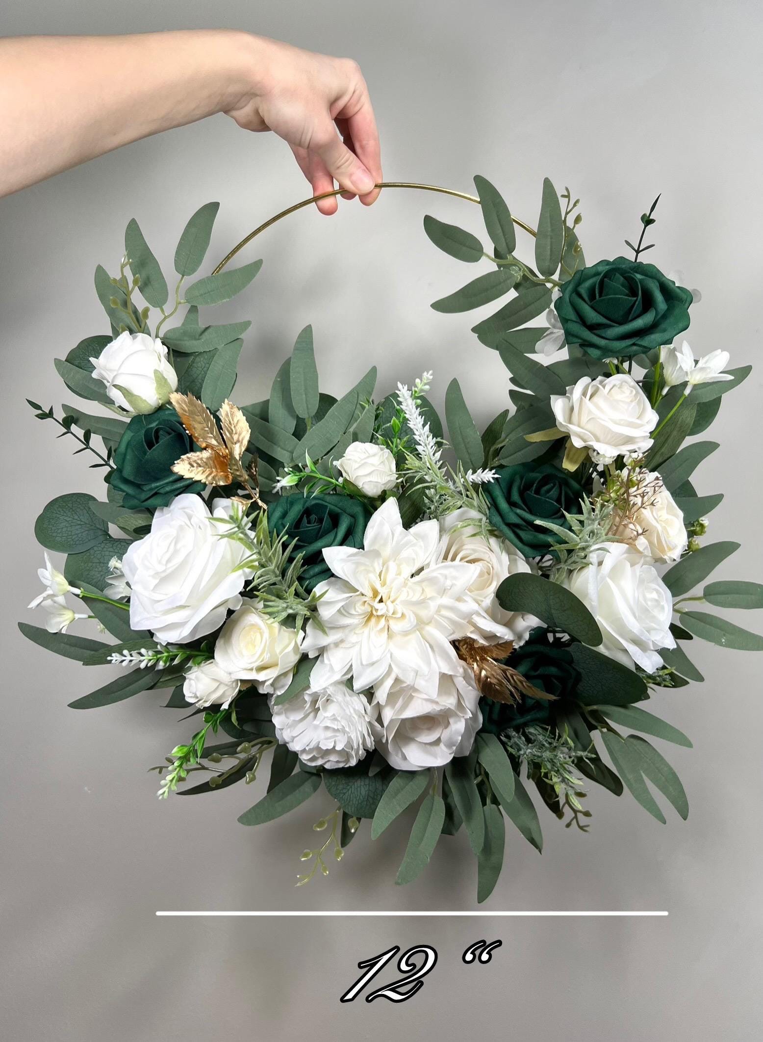 Emerald Green Hoop Floral Wedding White Hoop Hunter Green Gold Alternative Bridesmaids Bouquet Ring Wreath Flower Girl Hoop Dark Green